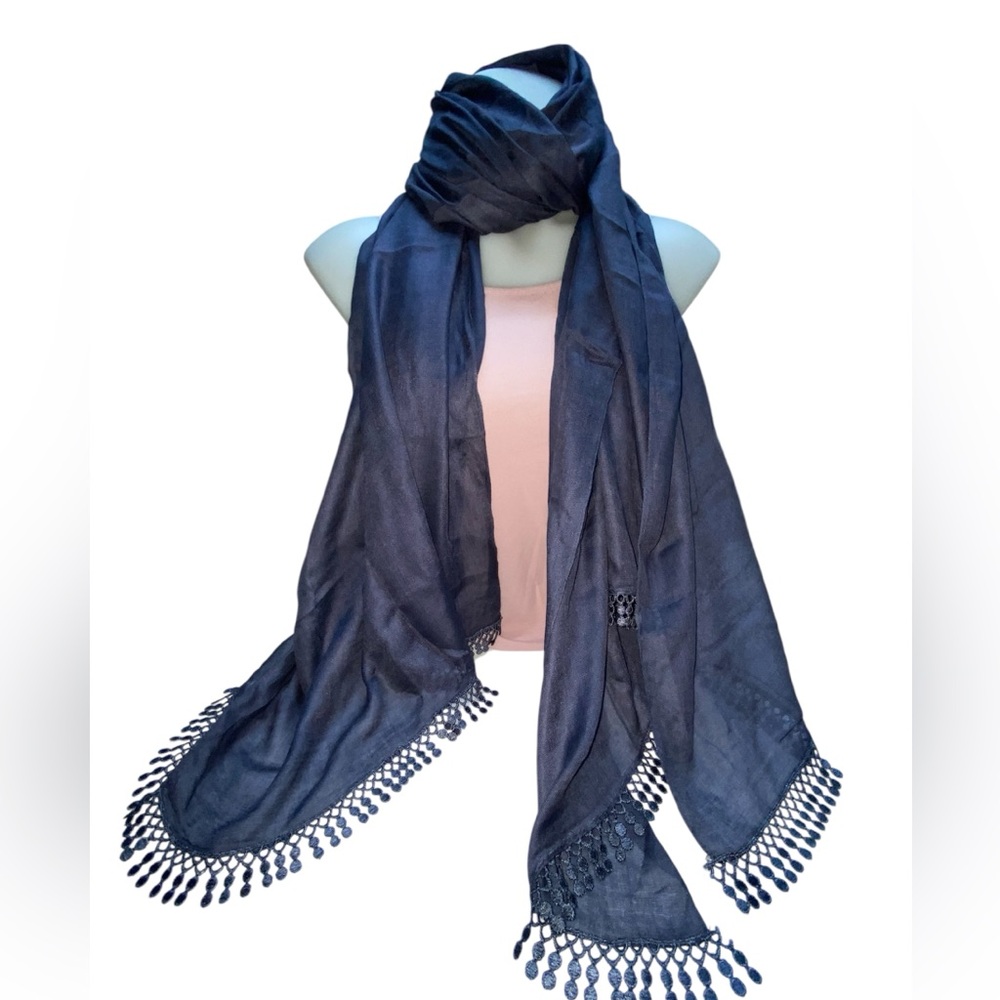 * Charcoal Gray Scarf with embroidered fringe semi sheer 73”X40”